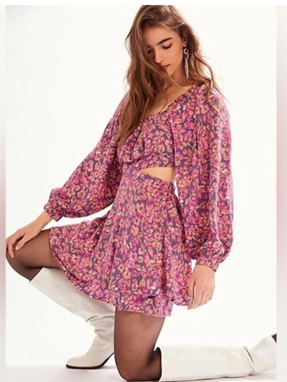 Free People Jael Floral Print Cutout Long-Sleeve Mini Dress XS NWT